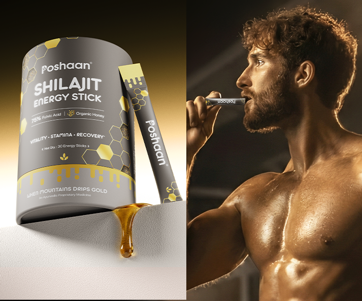 Poshaan Shilajit Energy Stick packaging with a man holding a stick