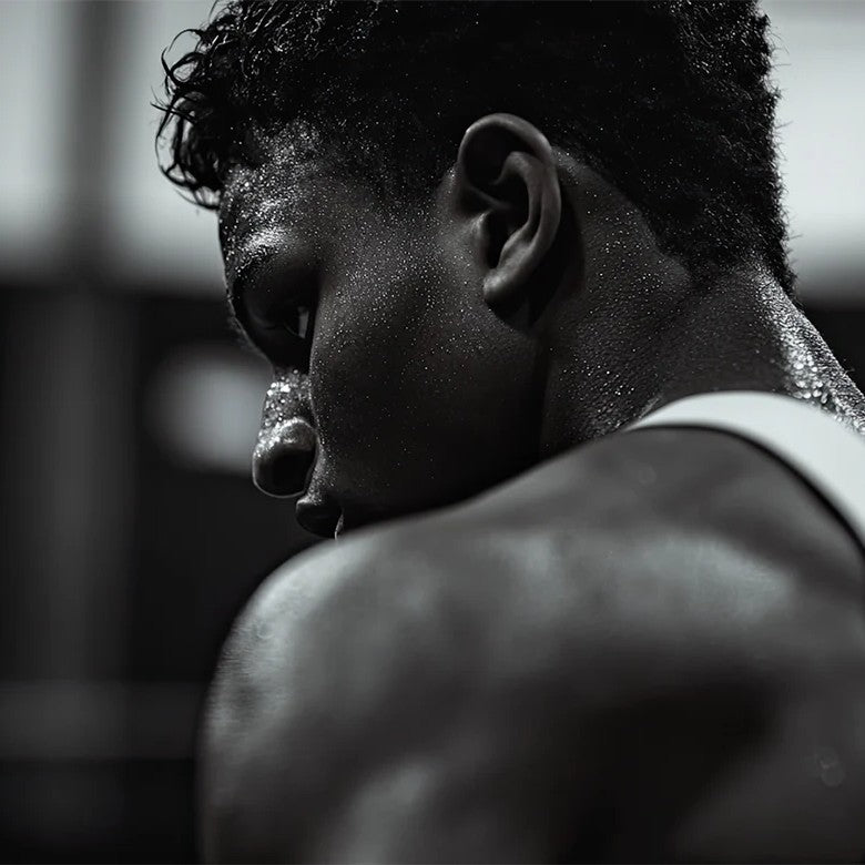 Close-up of a focused athlete after an intense workout, with sweat-covered skin and defined shoulder muscles, captured in dramatic lighting inside a gym environment.