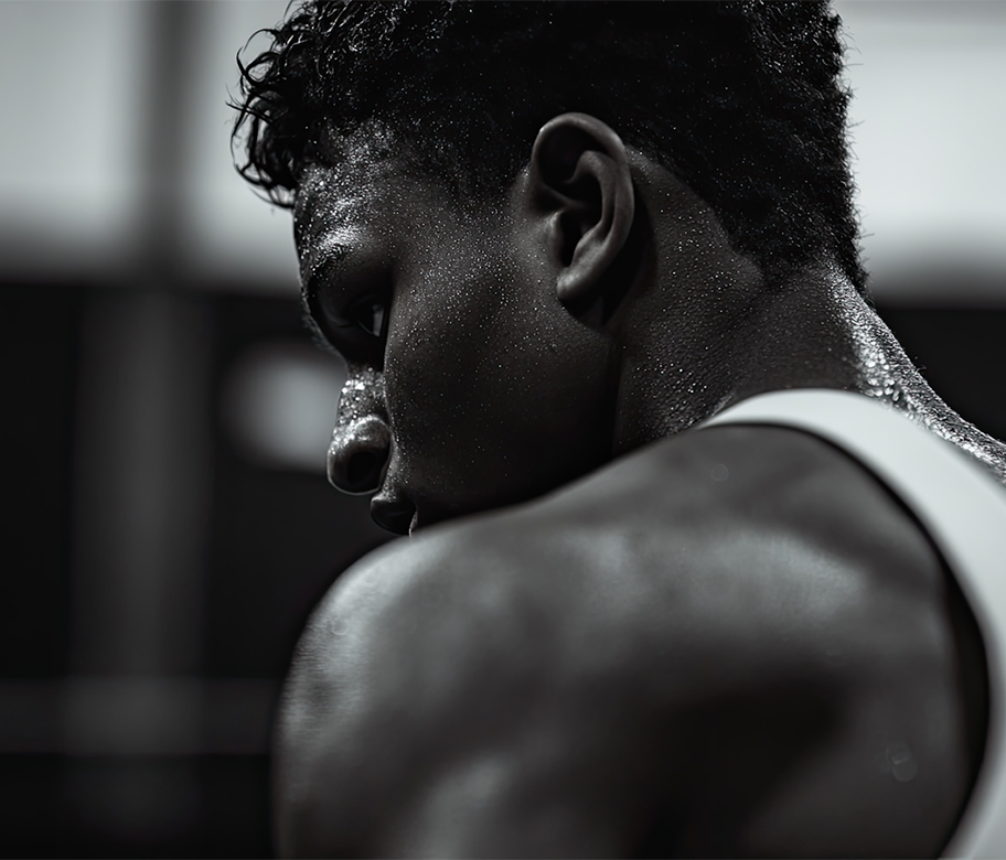 Intense fitness athlete close-up with “Focus. Stamina. Strength.” motivational text promoting endurance, performance, and workout energy.