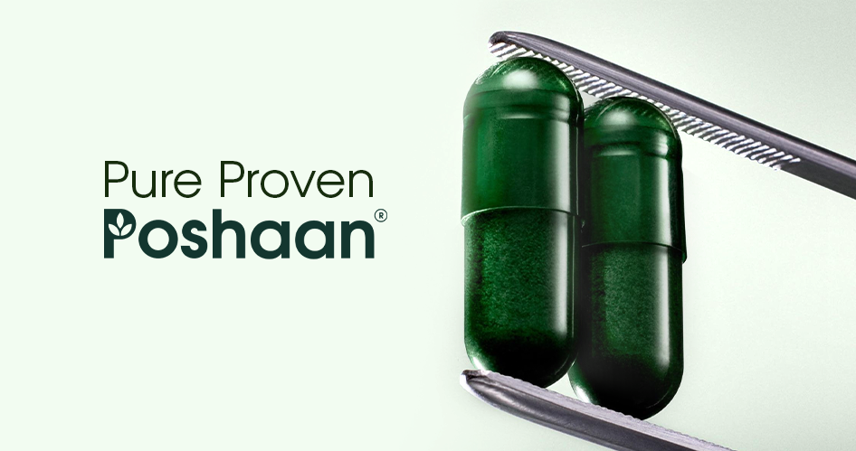 Two green capsules with a scalpel on a white background, featuring the brand 'Poshaan'.