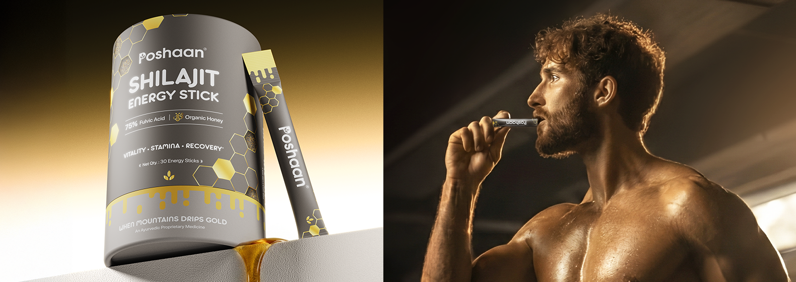 Pashaan Shilajit Energy Stick packaging with a man holding a stick against a dark background