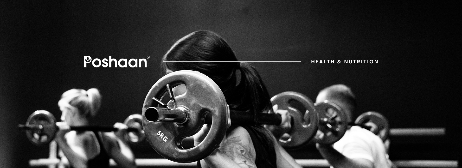 Person lifting weights with 'Poshaan' health and nutrition brand logo in the background