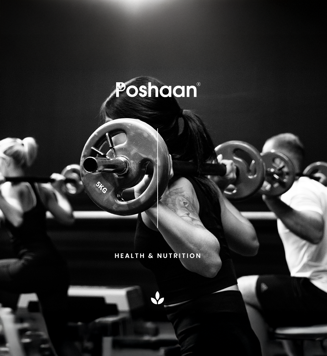 Person lifting weights with 'Poshaan' health and nutrition brand logo in the background