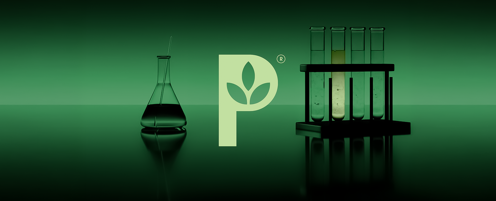 Laboratory setup with beakers and a logo on a green background
