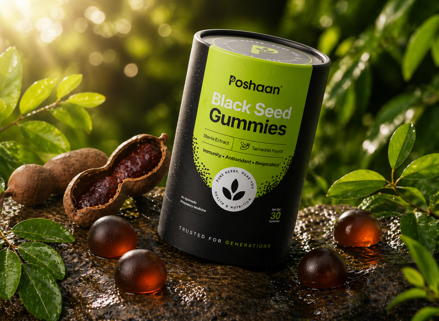Container of Poshaan Black Seed Gummies with black seed fruits on a natural background
