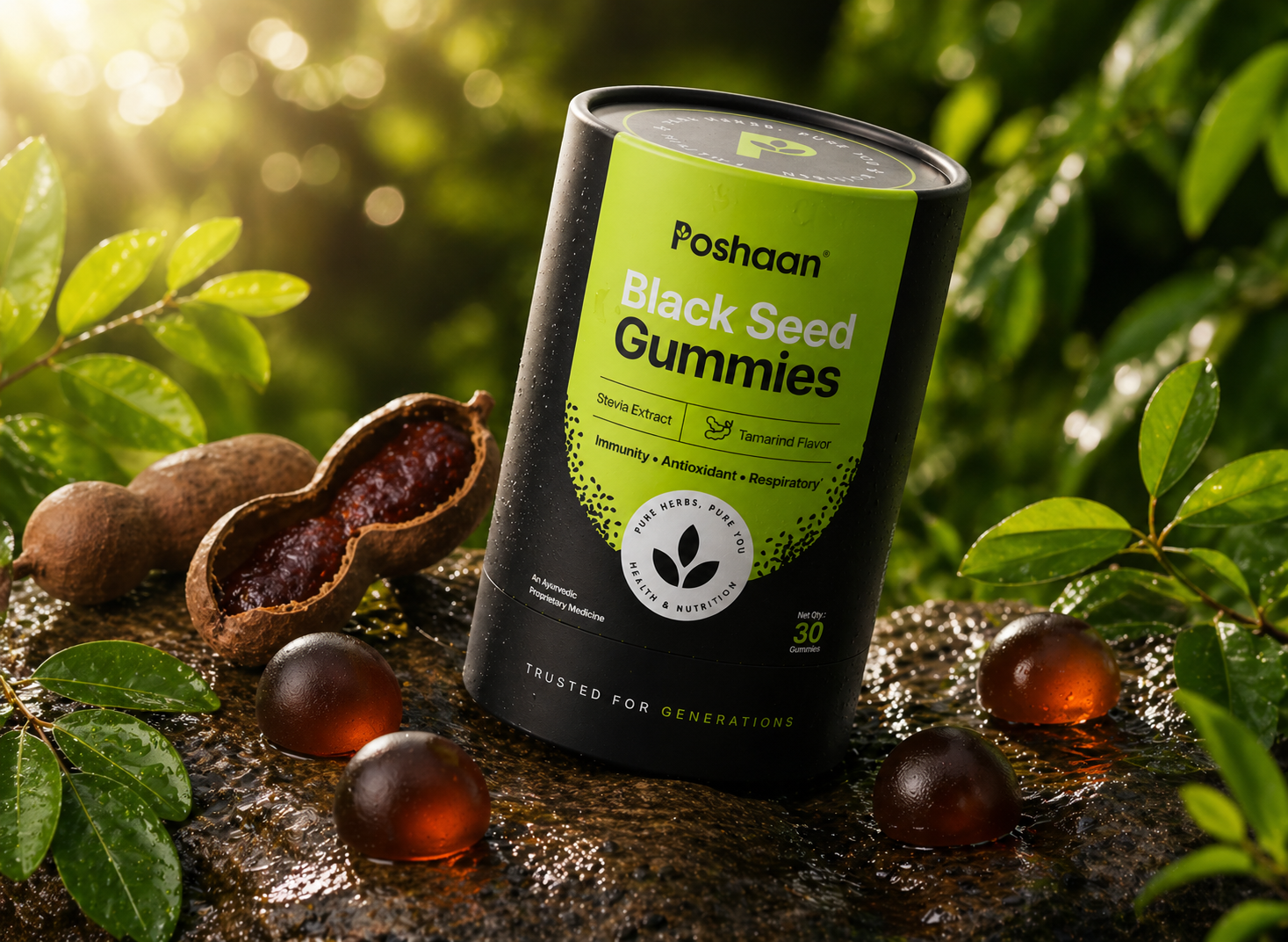 Container of Poshaan Black Seed Gummies with black seed fruits on a natural background