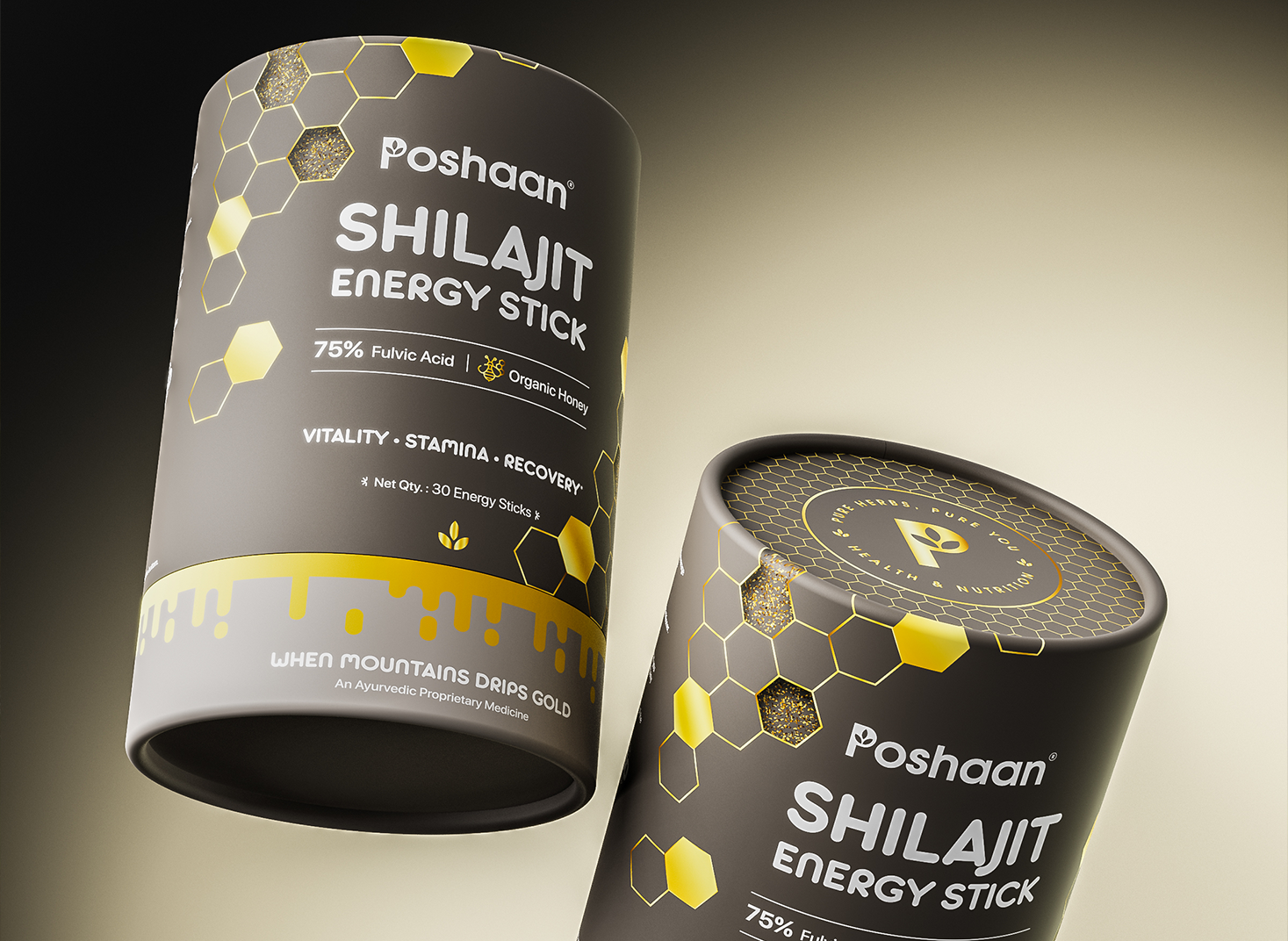 Two Poshaan Shilajit Energy Stick containers on a gradient background