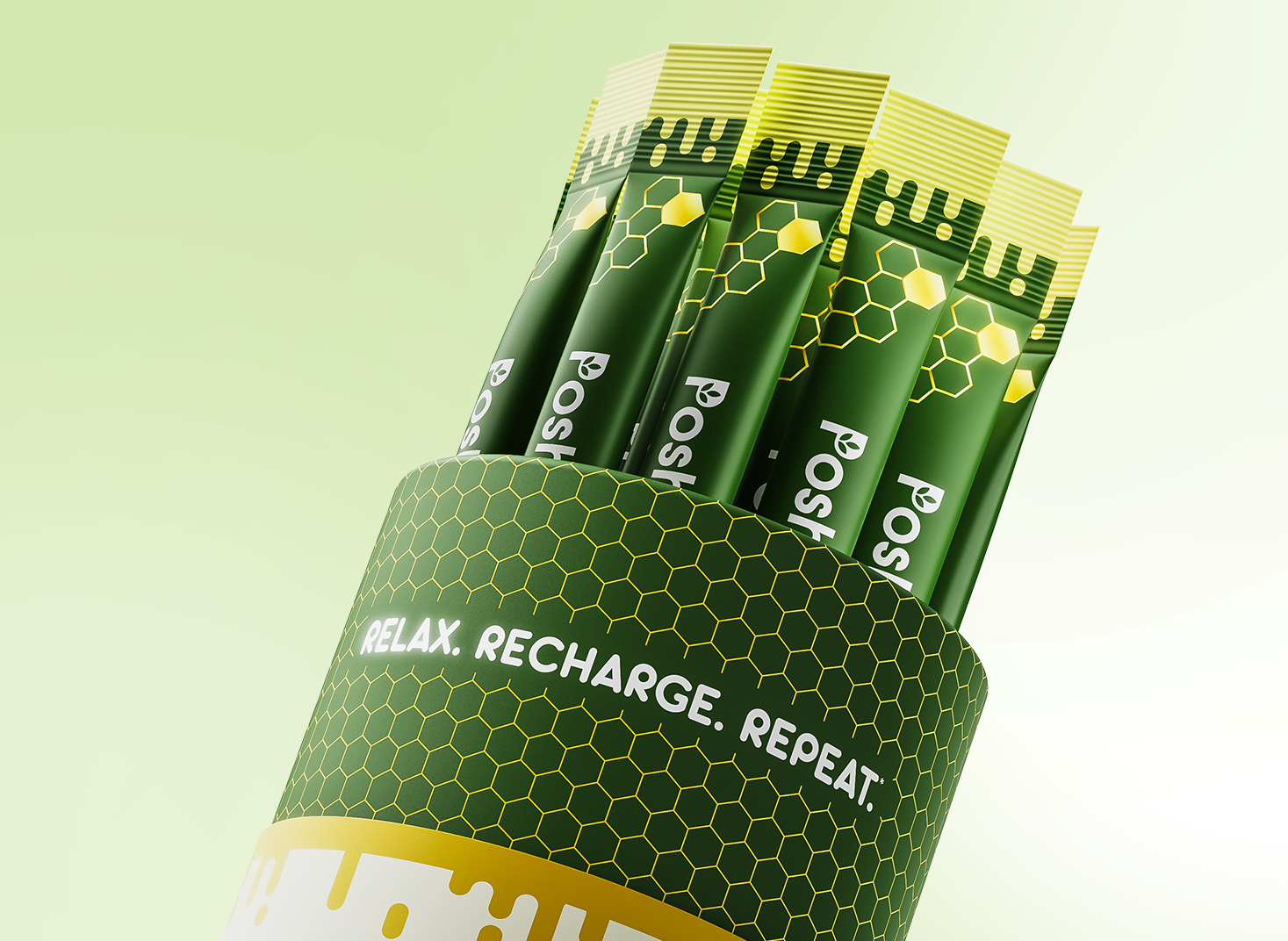 Pack of Poshaan Ashwagandha energy sticks with green and yellow packaging on a light green background