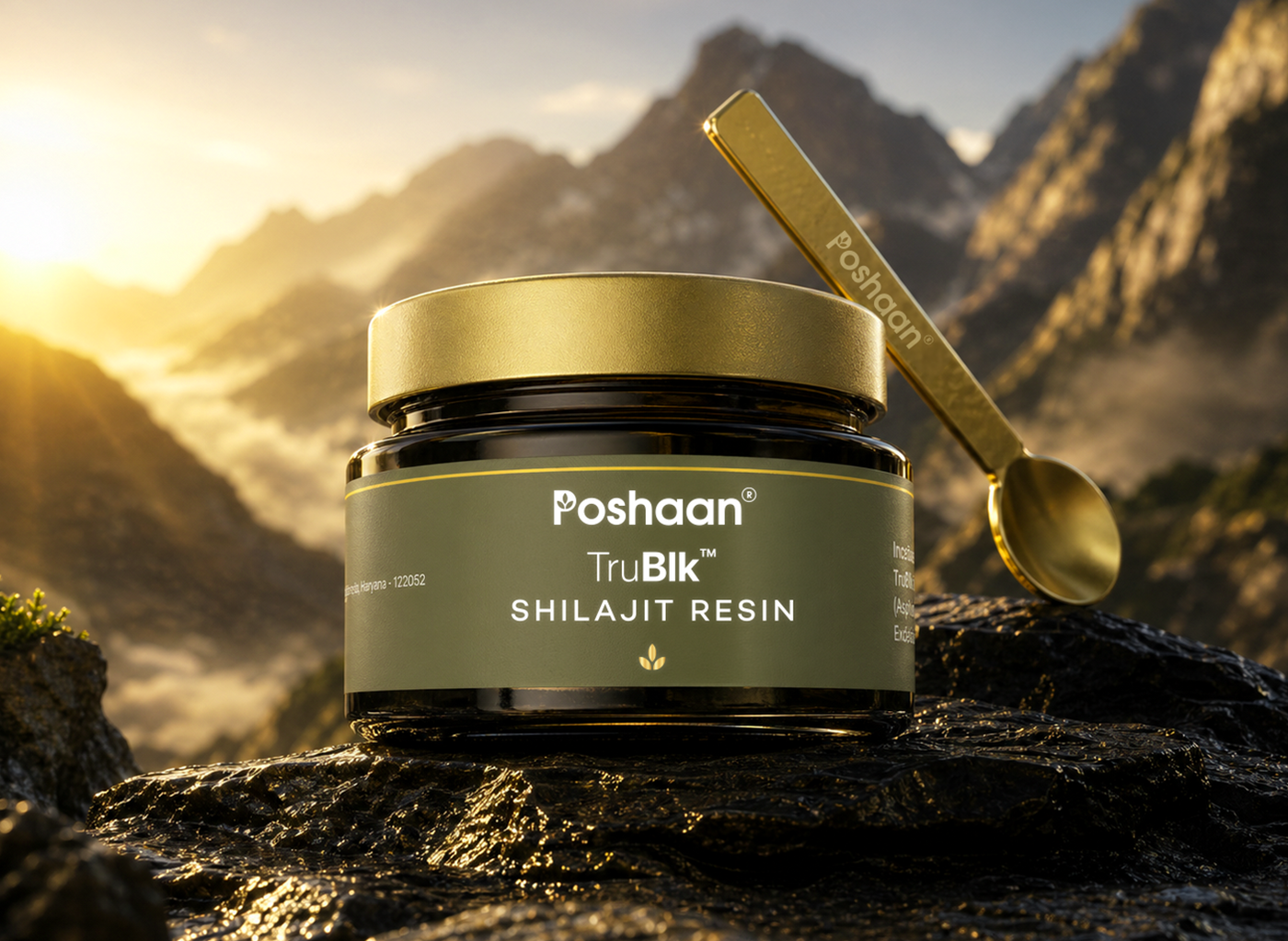 Poshaan TruBLk Shilajit Resin jar with a gold spoon on a mountain background